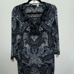 Chicos Womens Gray Black Paisley Jewel V-Neck Embellished Tunic Top Size 2 Large